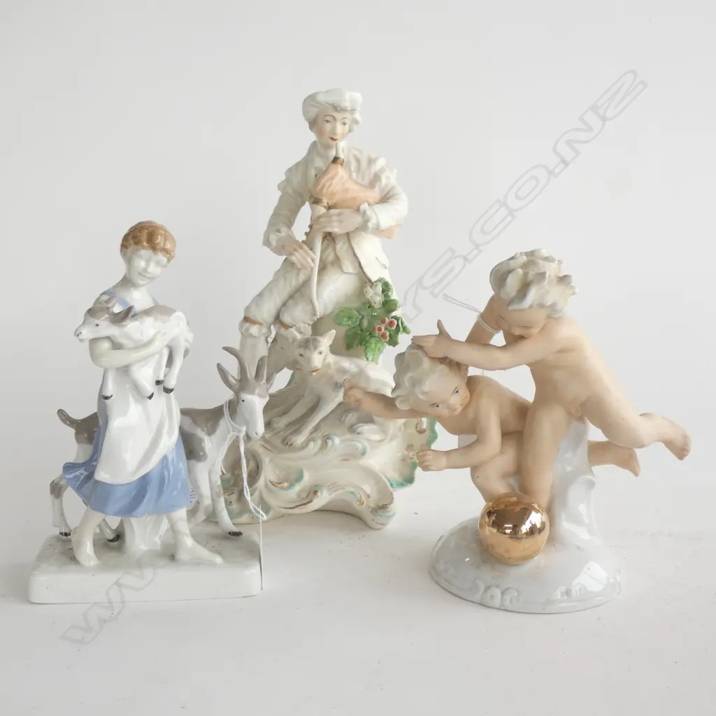 3 GERMAN FIGURINES; MAN H.235mm, CHERUBS & LADY w. GOATS Image 1++