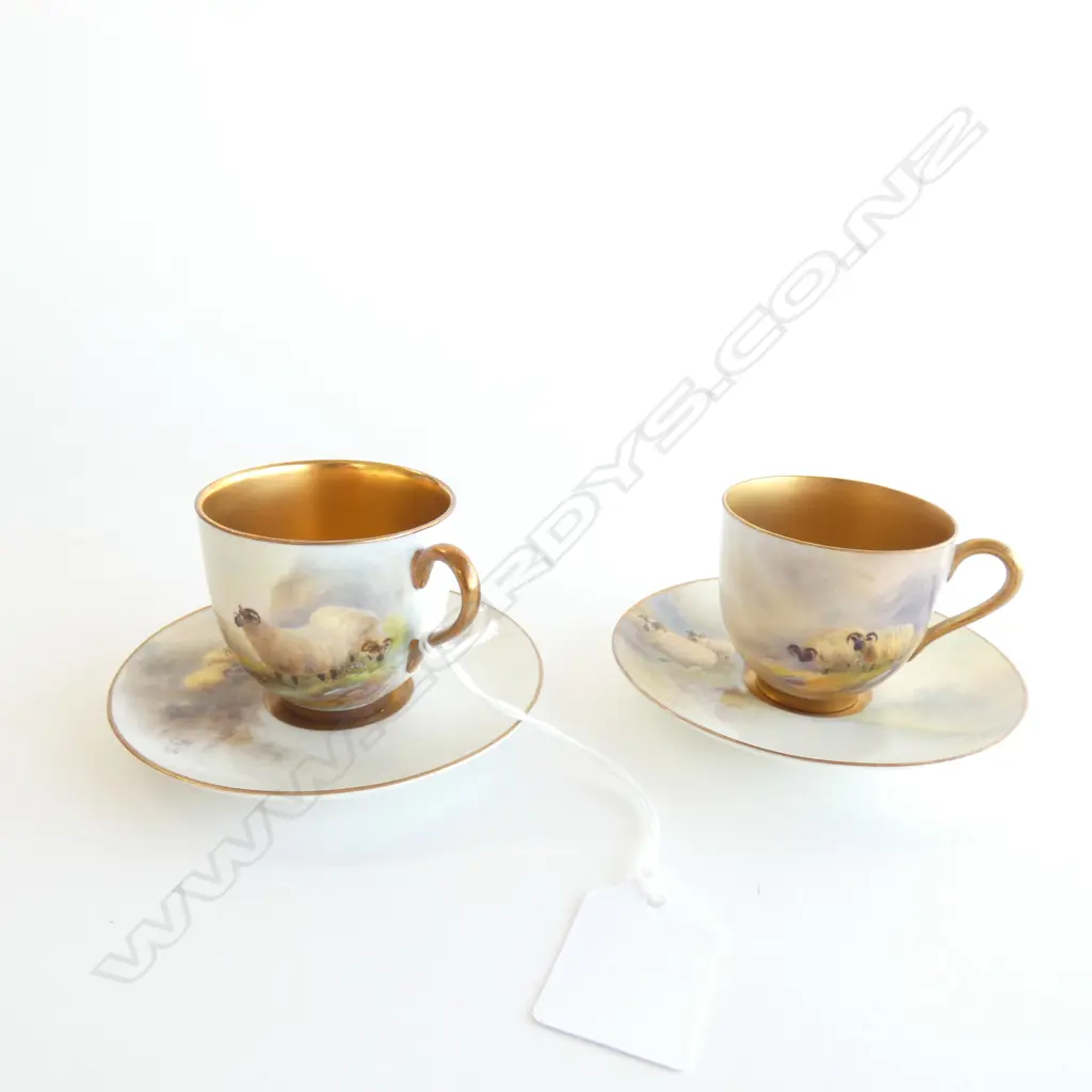PR ROYAL WORCESTER GOLD GILDED BLACK FACE SHEEP DEMITASSE CUPS & SAUCERS Image 1++
