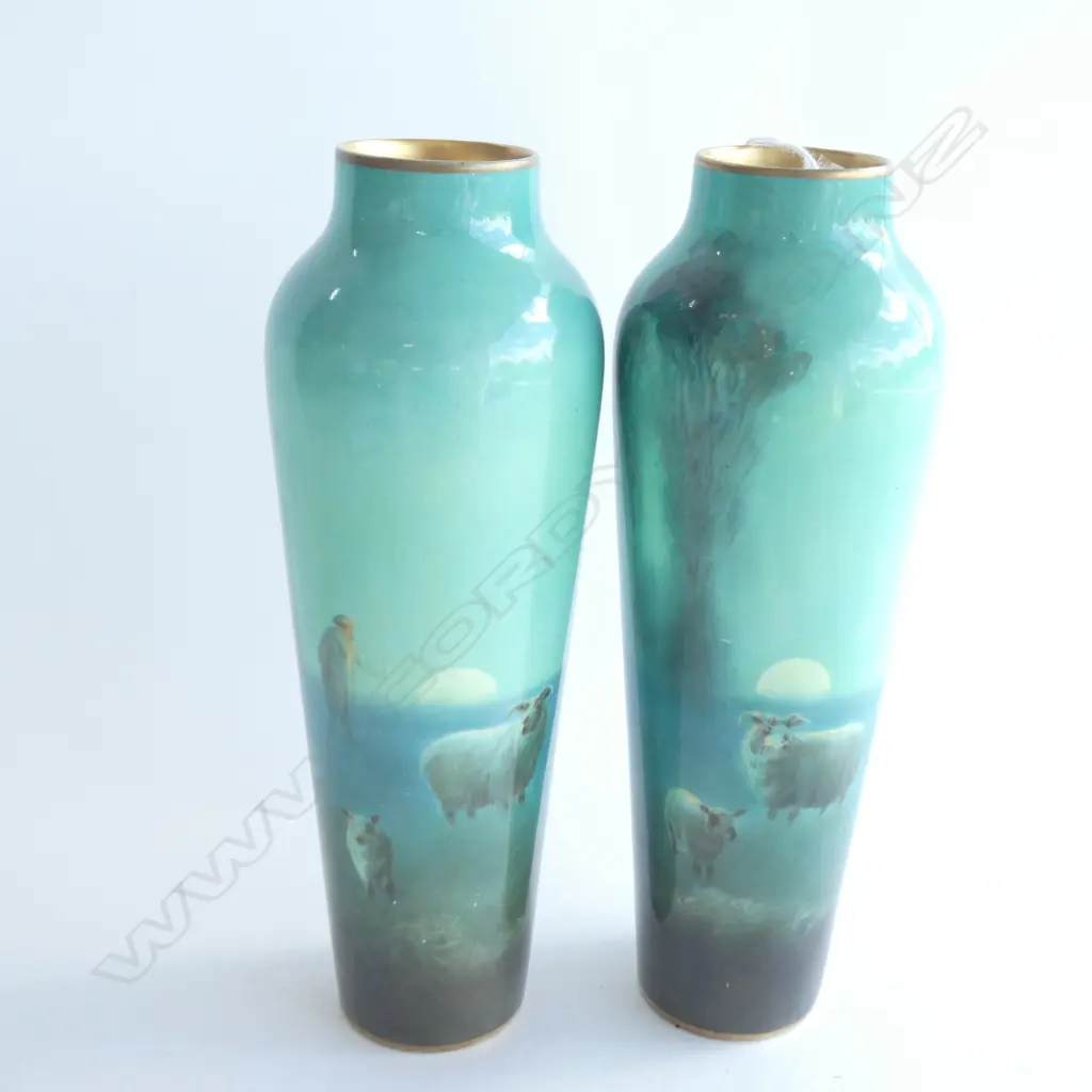 PR ROYAL DOULTON HAND COLOURED SHEEP DESIGN VASES - SIGNED JOSEPH HANCOCK H. 225MM Image 1++