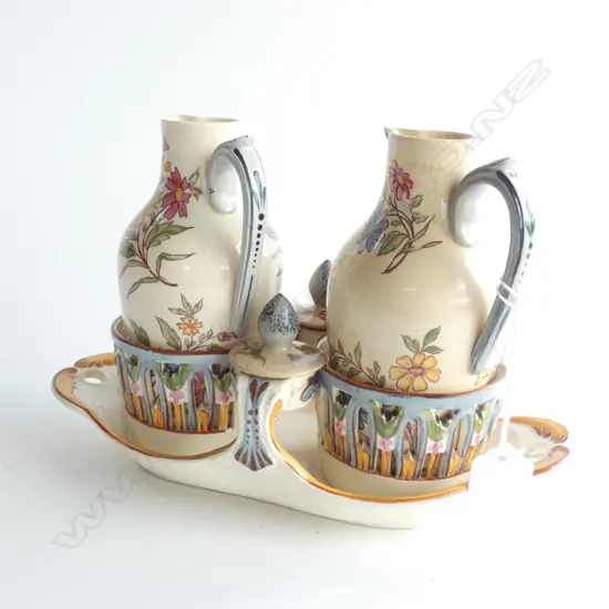 FRENCH FAIENCE STYLE POTTERY CRUET SET WITH BASE / JUGS & LIDS - DELFT STYLE HANDLES.