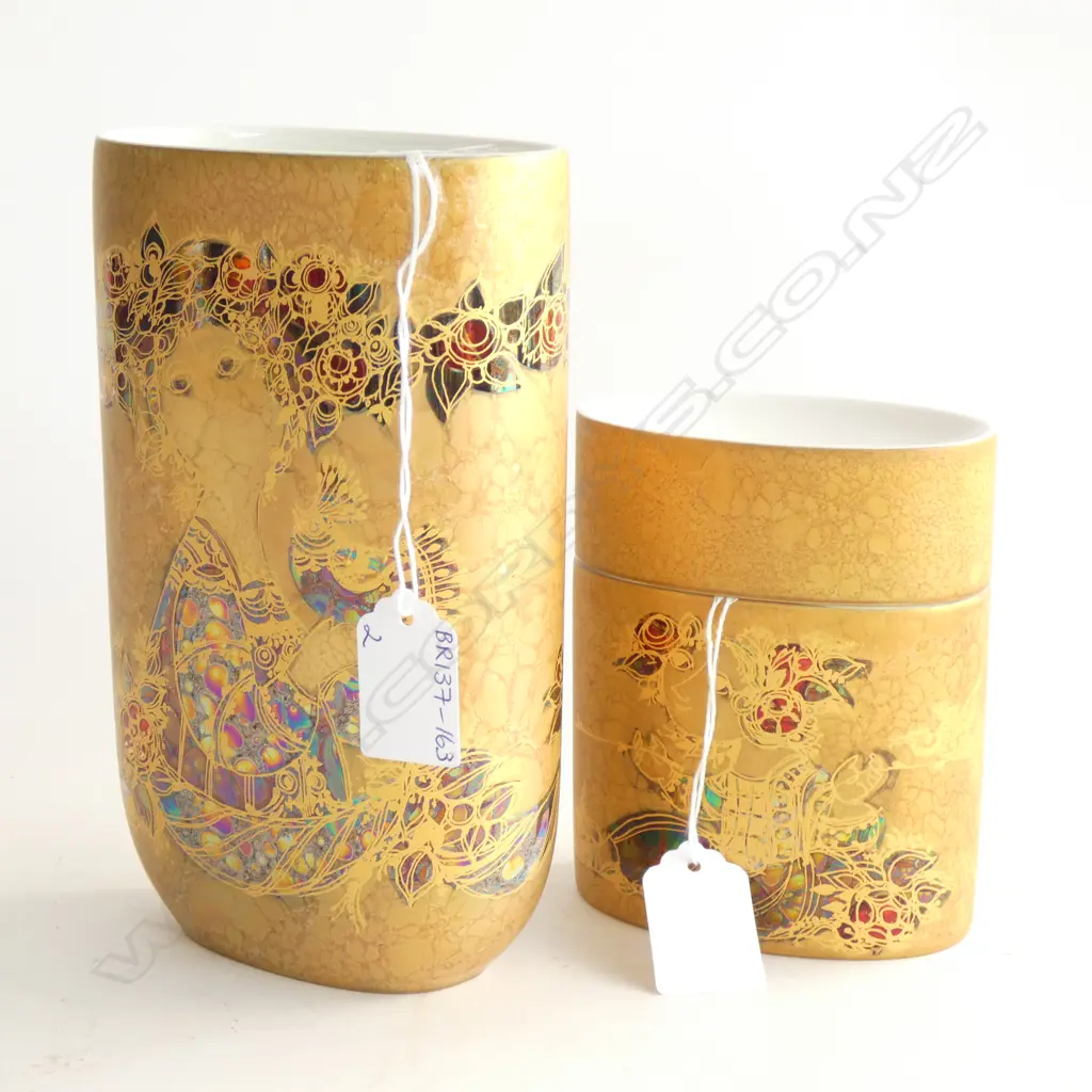 TWO ROSENTHAL BJORN WIINBLAD GOLD GILDED HAND PAINTED PCS;  VASE H 180MM) & LIDDED CONTAINER H. 115MM Image 1++