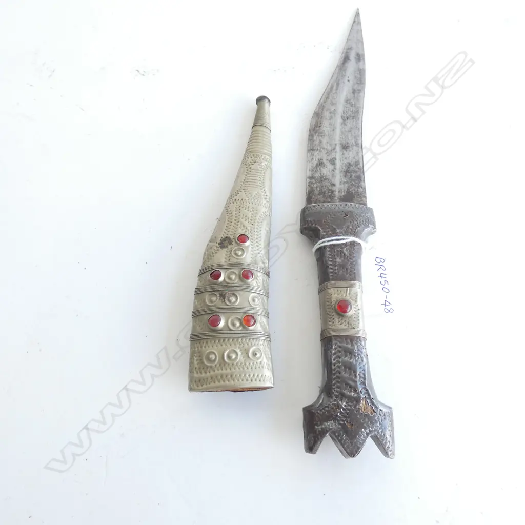 OLD DAGGER WITH PEWTER & BEADED SHEATH & HANDLE L 270MM Image 1++