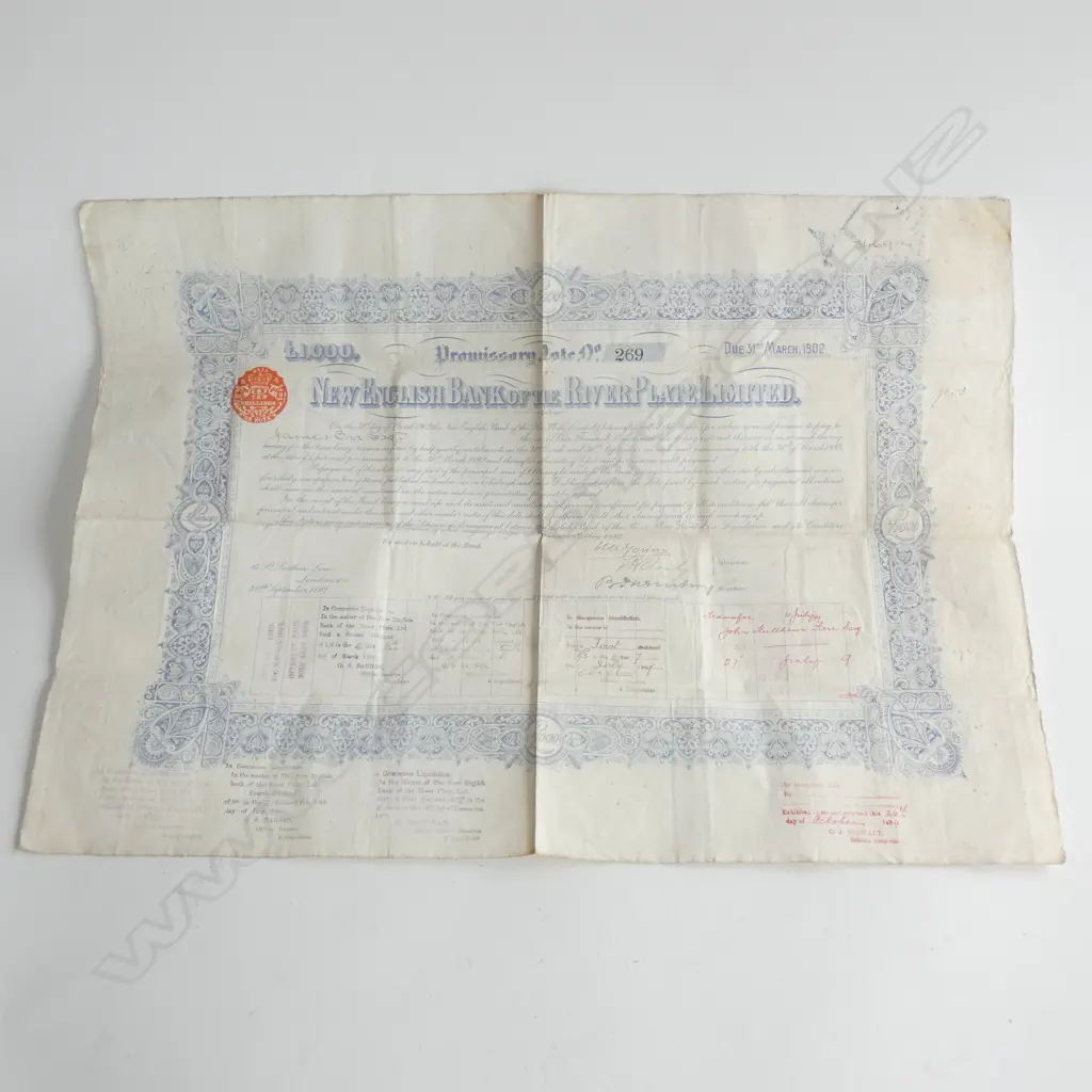 CANCELLED SHARE CERTIFICATE "ENGLISH BANK OF THE RIVER PLATE" DATED 1892  Image 1++