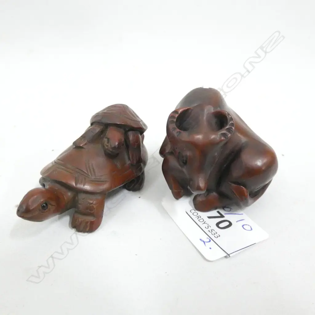 2 BOXWOOD NETSUKE; TURTLES & BULL Image 1++
