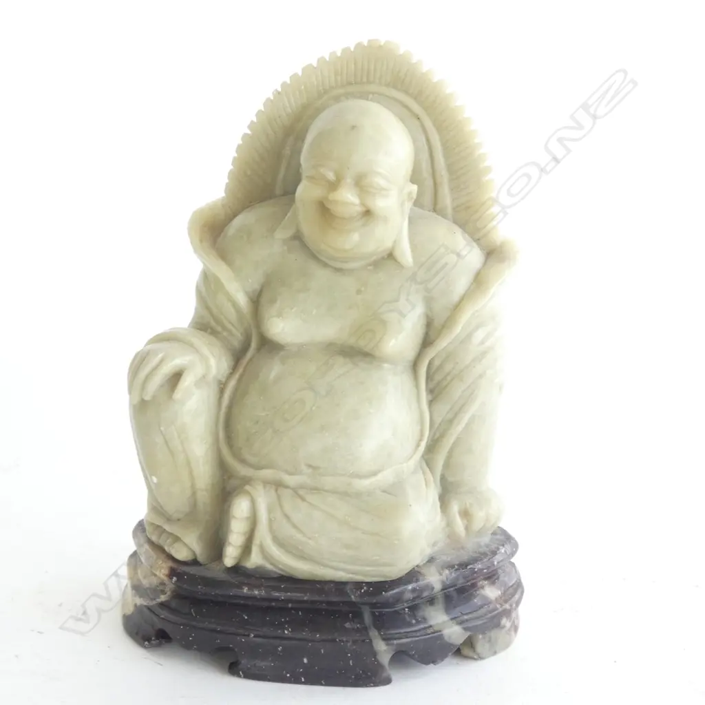 GREEN SOAPSTONE BUDDHA - MARKED TO BASE - 73/16 H. 150MM Image 1++
