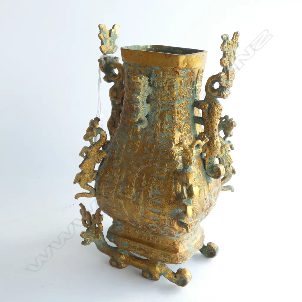 ARCHAIC STYLE CHINESE GILT METAL VASE, w HORNED DRAGONS AS HANDLES, CORNER ORNAMENTS & FEET... Image 1++