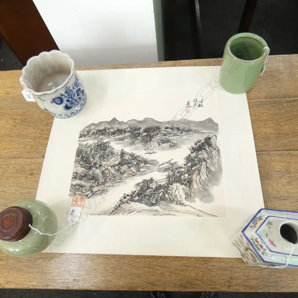 ORIENTAL LANDSCAPE W/C / PRINT? 310x335mm Image 1++