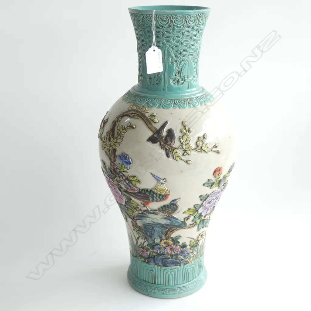LGE CHINESE MEIPING VASE w RAISED DECORATION, IMPRESSED QINGLONG SEAL MARK UNDER BASE. H.440mm Image 1++