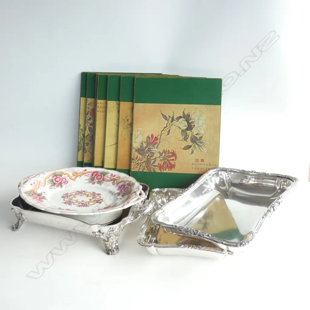 VICTORIAN FOOTED DISH, O.S.P. CHAFING DISH, 8 ORIENTAL PLACEMATS 335x240mm Image 1++