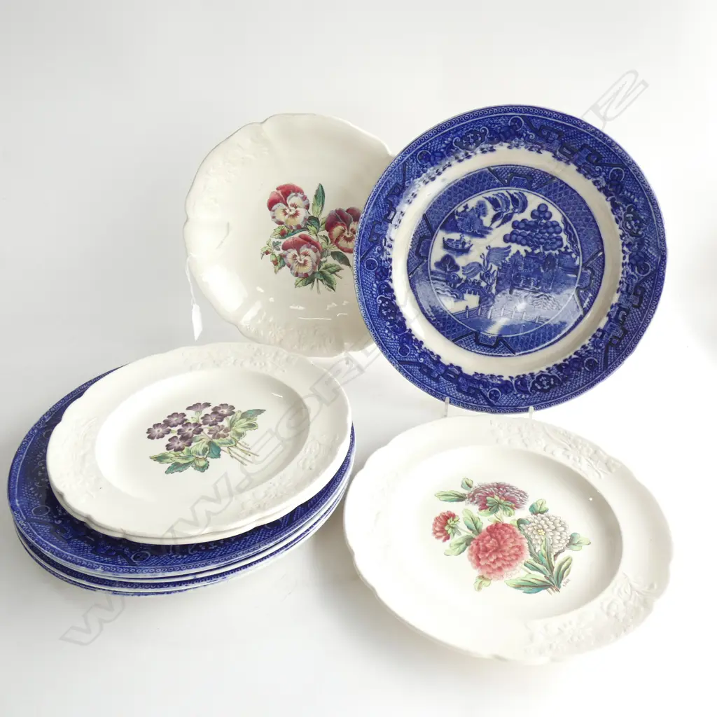 9 PLATES; 5 OLD B/W WILLOW PLATES 265mm dIa + 4 SPODE  Image 1++