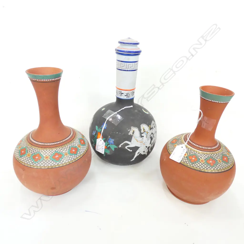 3 GREEK TERRACOTTA VASES; PAIR & BLACK H.300mm Image 1++