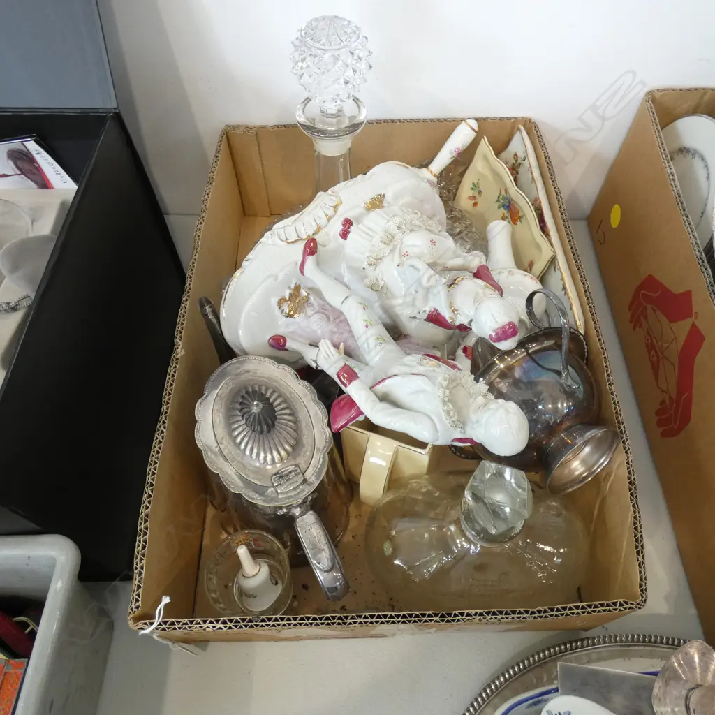 BOX LOT PRESSED GLASS SHIPS DECANTER, ASST. CHINA & CRYSTAL Image 1++
