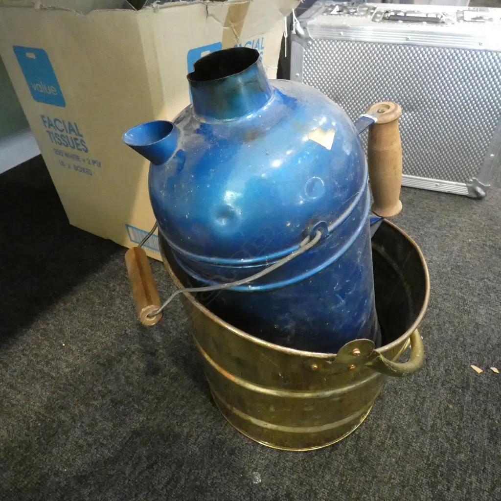 BRASS COAL BUCKET 300mm dia + LARGE BLUE METAL JUG Image 1++