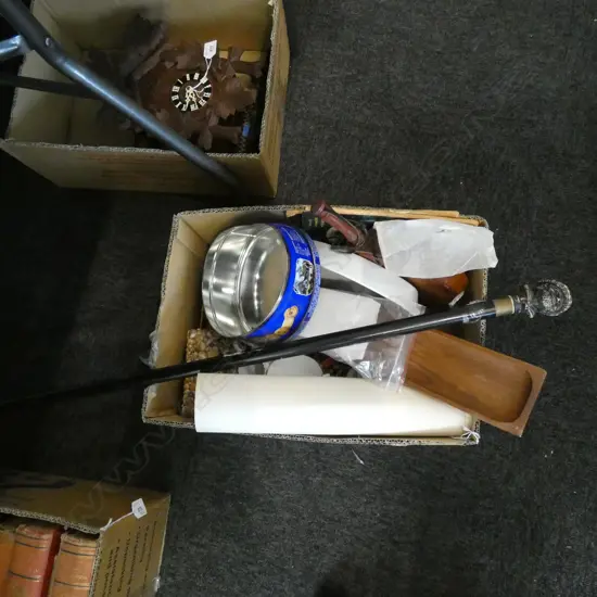 BOX LOT ASST. CHINA, WOODWARE, STAMPS, WALKING STICK ETC
