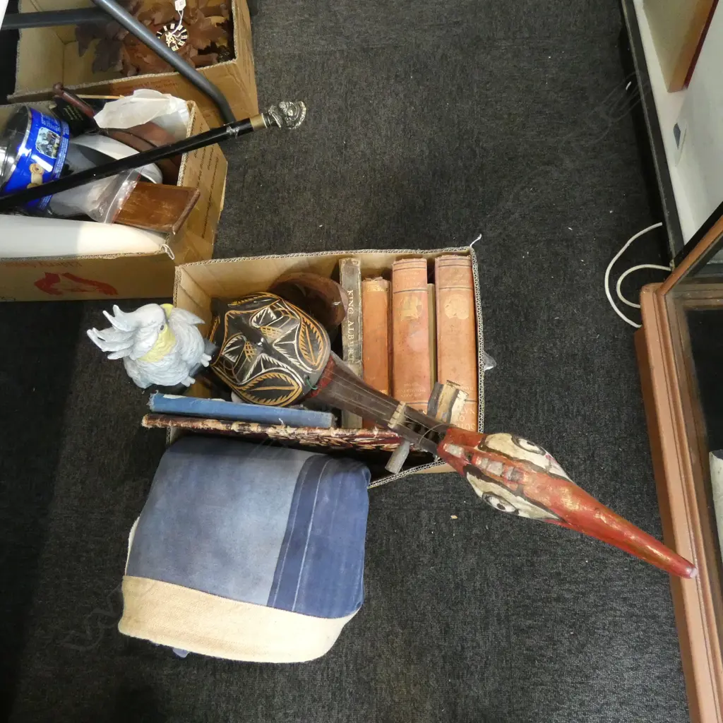 BOX LOT ANTIQUE BOOKS, STRINGED INSTRUMENT, PLASTIC BIRD, MASKS. CANVAS NZ FLAG ETC Image 1++