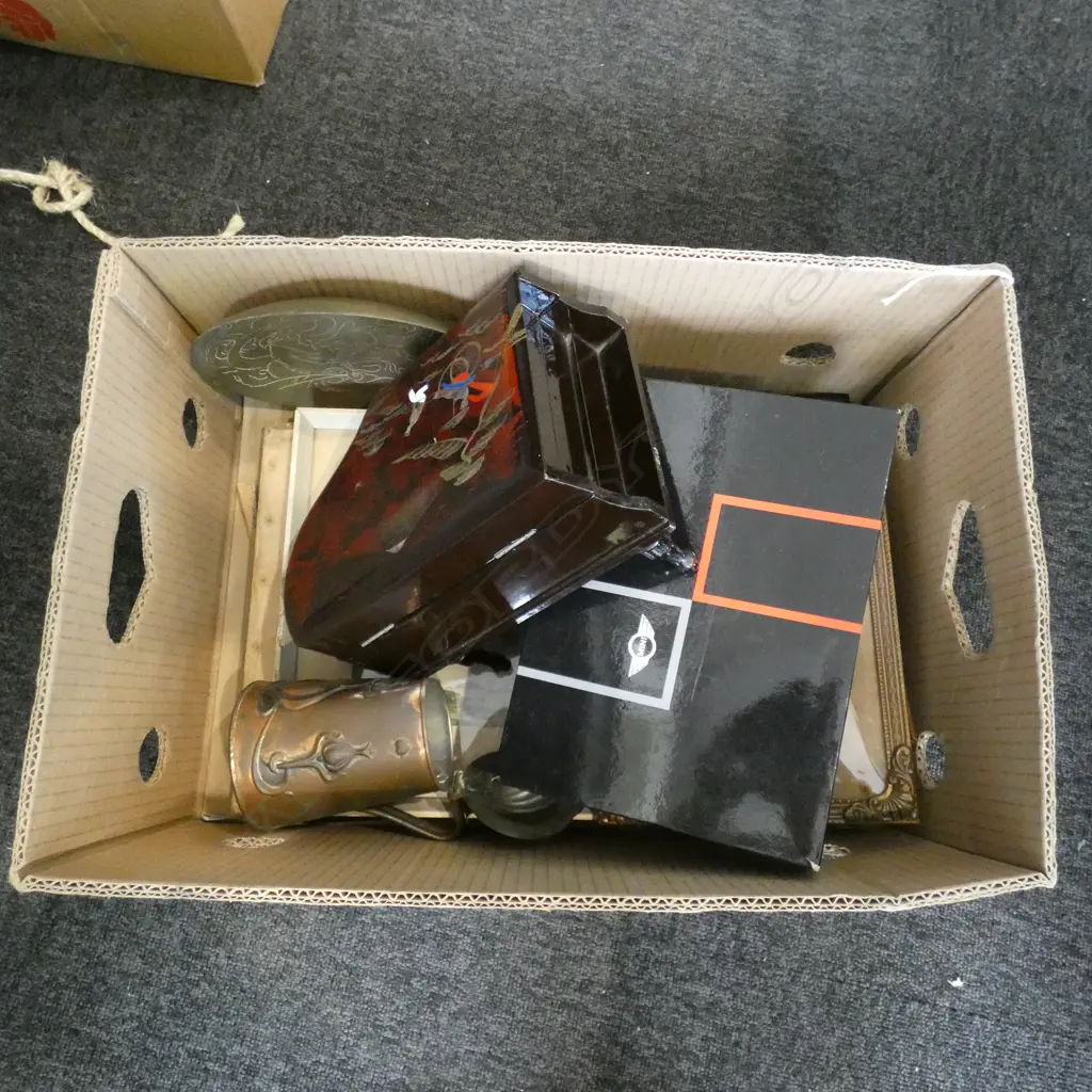 BOX OF FRAMES/PICTURES/JEWELLERY BOX/MINI DASHBOARD CLOCK/BRASS BOWL/COPPER TANKARD Image 1++
