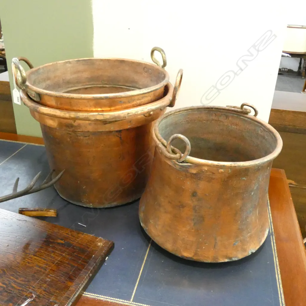 3 LG COPPER GARDEN POTS (HOLES DRILLED TO BASES) LARGEST DIA. 385MM Image 1++