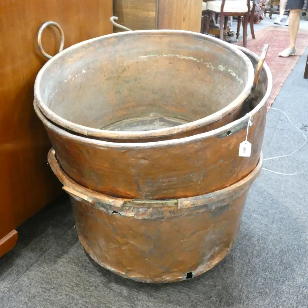 3 VERY LG OLD COPPER GARDEN POTS - LARGEST DIA. 685MM ...DAMAGE TO TOP OF ONE POT Image 1++