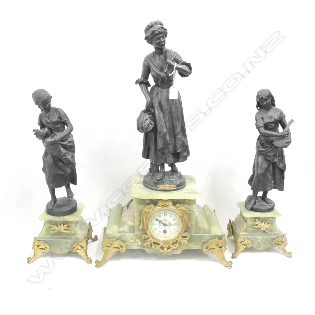 3 PCE CLOCK GARNITURE GREEN ONYX WITH SPELTER FIGURES c1860. WRIGHT’S ANTIQUES. 11/2/1998 ($3,250)   Image 1++