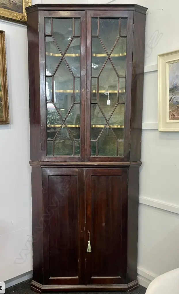 19th C MAHOGANY GLAZED CORNER CUPBOARD  Image 1++