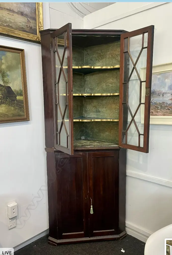 19th C MAHOGANY GLAZED CORNER CUPBOARD  Image 1++