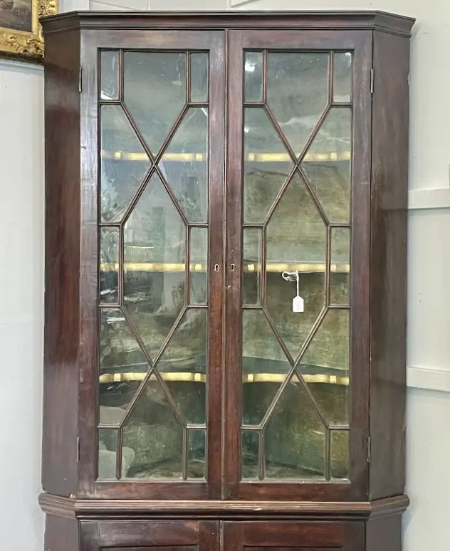 19th C MAHOGANY GLAZED CORNER CUPBOARD  Image 1++