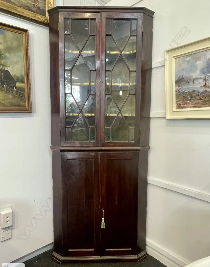 19th C MAHOGANY GLAZED CORNER CUPBOARD  Image 1++