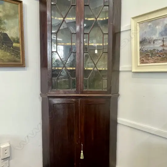 19th C MAHOGANY GLAZED CORNER CUPBOARD 