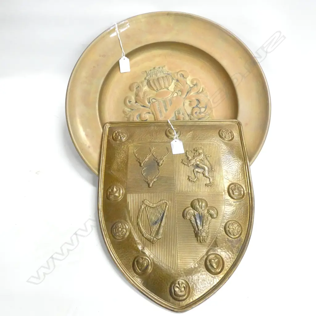 2 BRASS / COPPER WALL HANGING BOWL 455mm dia & SHIELD  Image 1++