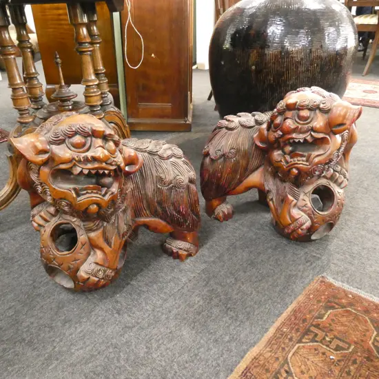 PR LARGE CARVED WOOD TEMPLE DOGS...