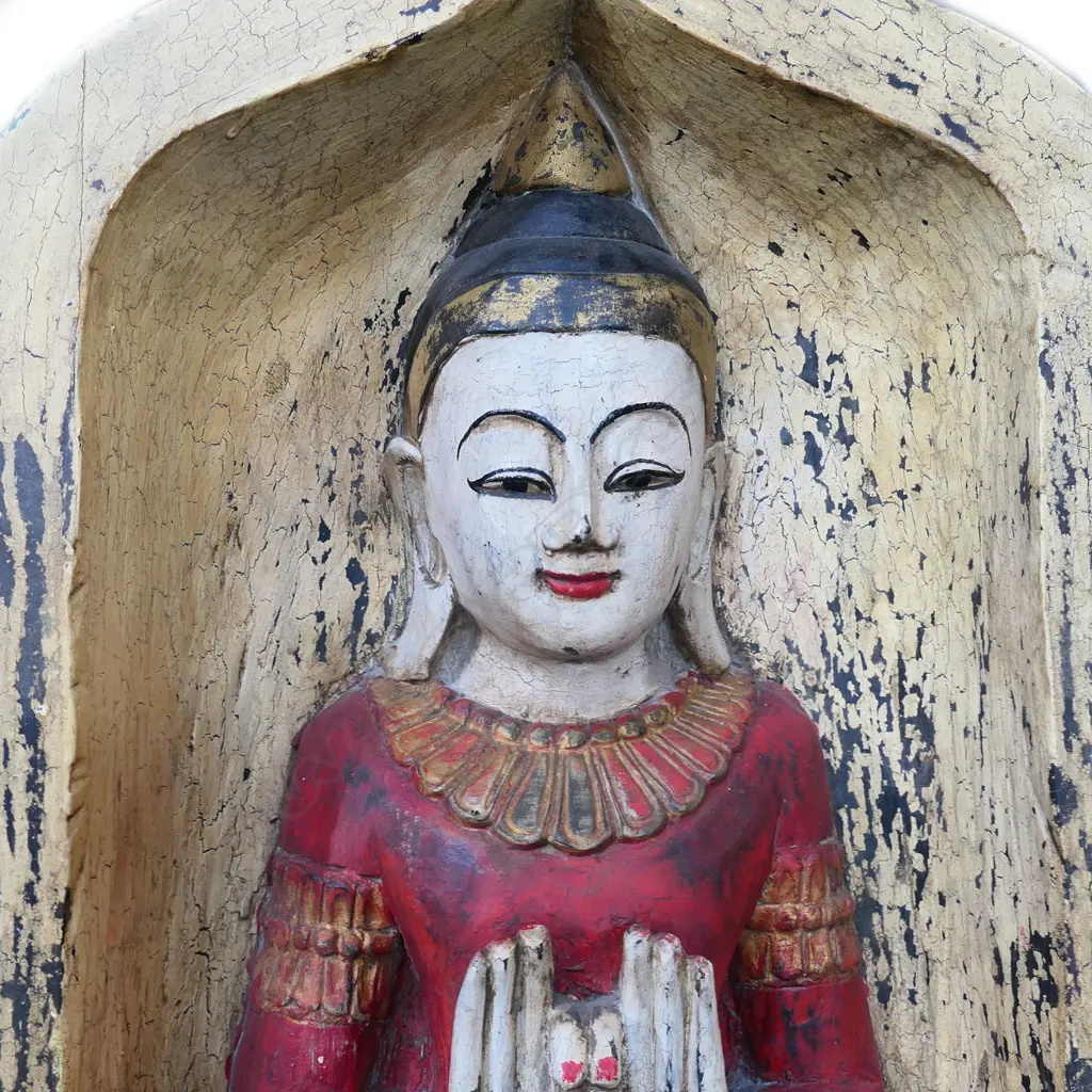 VINTAGE CARVED & PAINTED WOODEN INDIAN TEMPLE STATUE, H. 1160MM Image 1++
