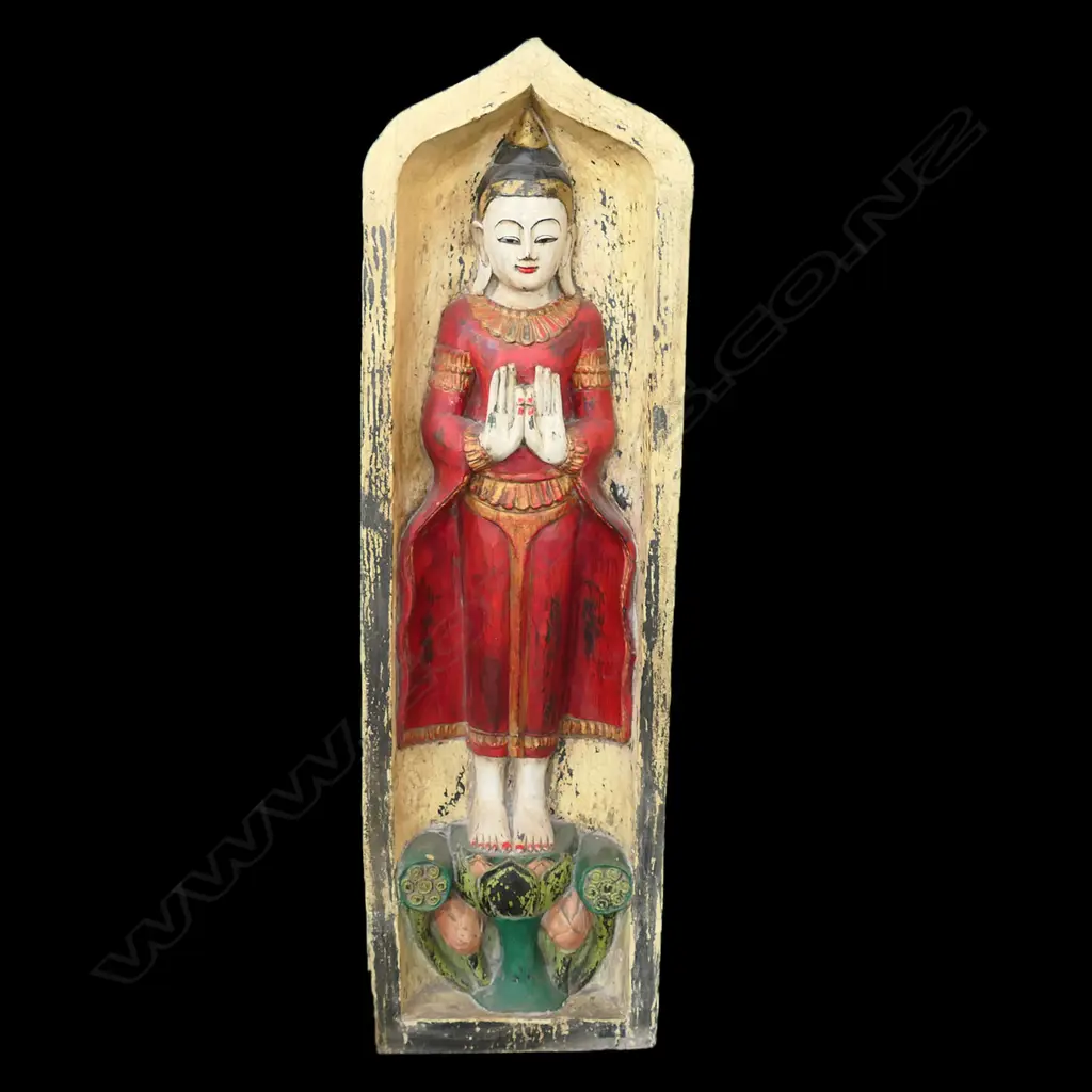 VINTAGE CARVED & PAINTED WOODEN INDIAN TEMPLE STATUE, H. 1160MM Image 1++
