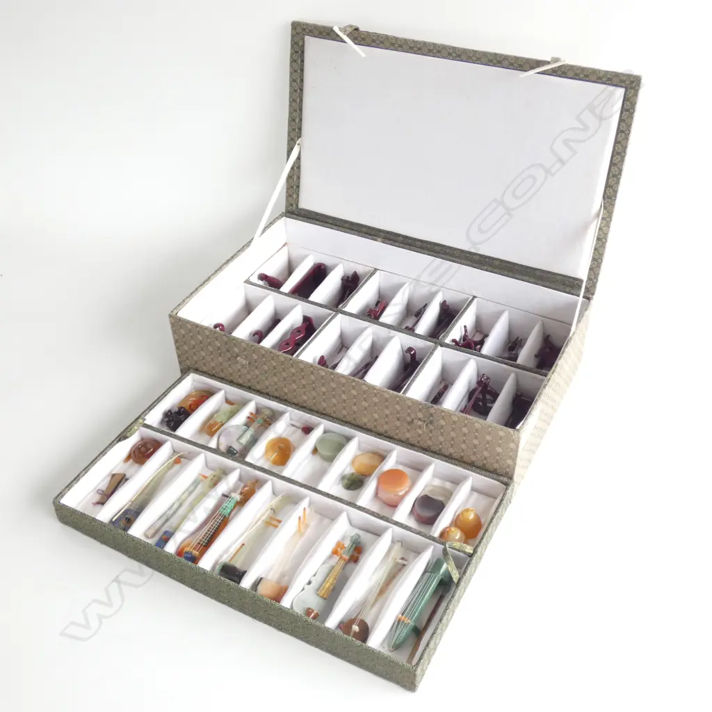 BOXED SET OF CHINESE HARDSTONE & JADE MINIATURE MUSICAL INSTRUMENTS & STANDS Image 1++