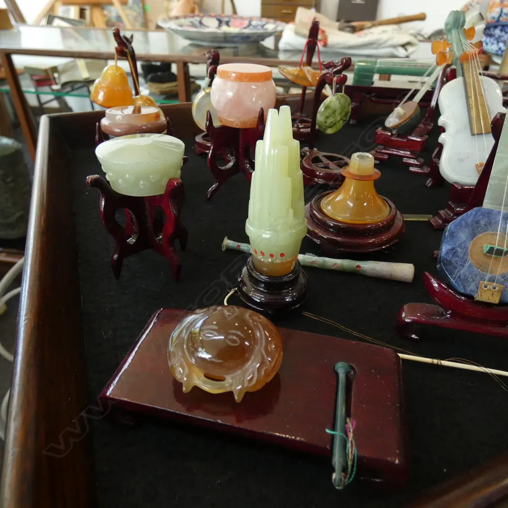 BOXED SET OF CHINESE HARDSTONE & JADE MINIATURE MUSICAL INSTRUMENTS & STANDS Image 1++