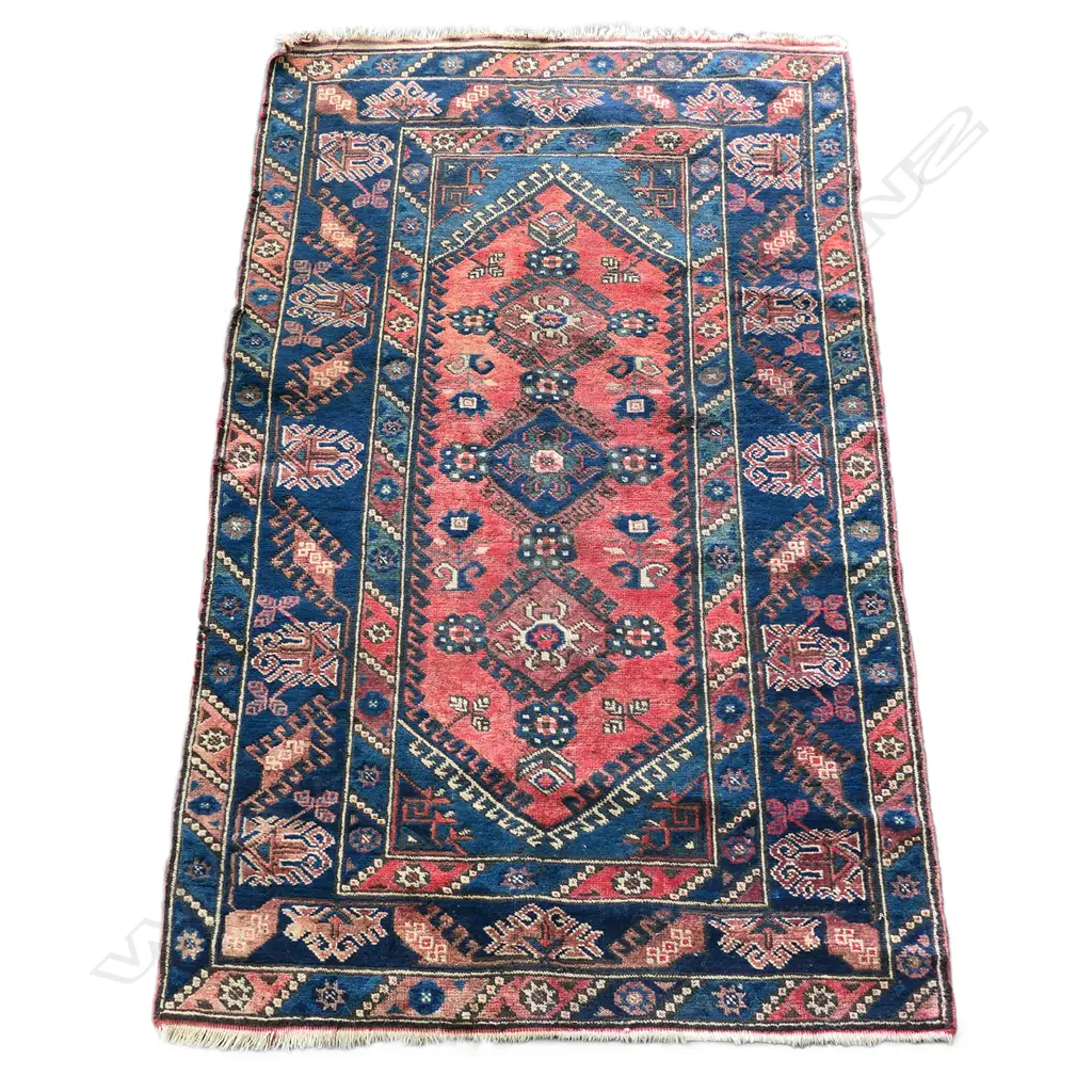 HANDKNOTTED PERSIAN RUG, 3 DIAMOND MEDALLIONS & GEOMETRIC FORMS, 2340 X 103MM Image 1++