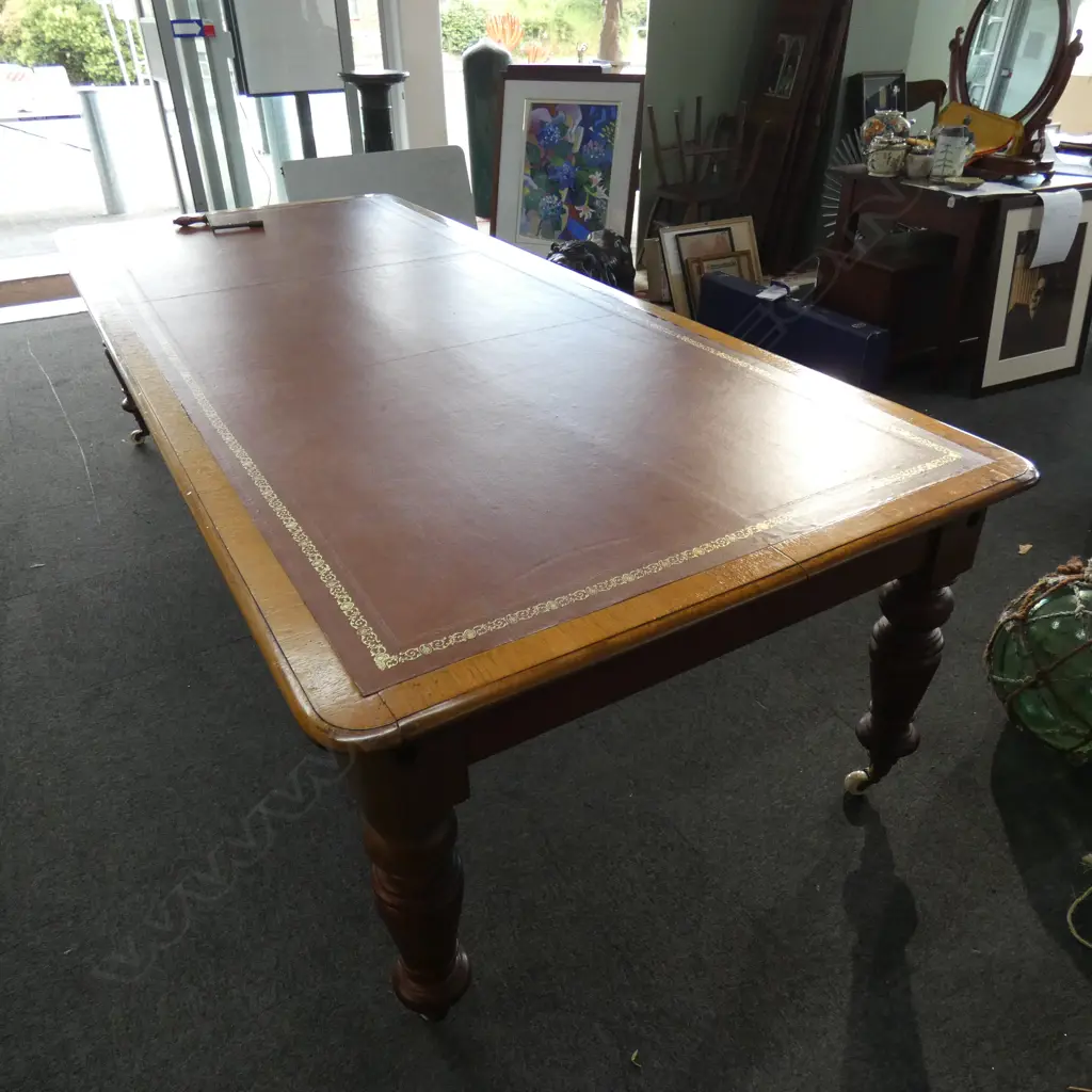 VICTORIAN MAHOGANY LIBRARY TABLE WITH LEATHER TOP, FADED. 2700. X 1170mm Image 1++