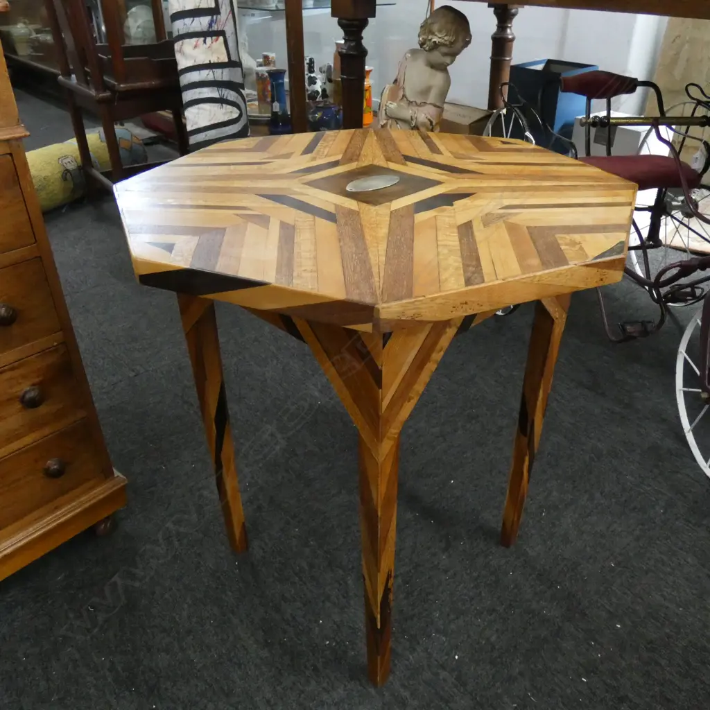OCTAGONAL INLAID N.Z TIMBERS SIDE TABLE WITH STG PLAQUE WTG RUGBY LEAGUE D 590 MM Image 1++