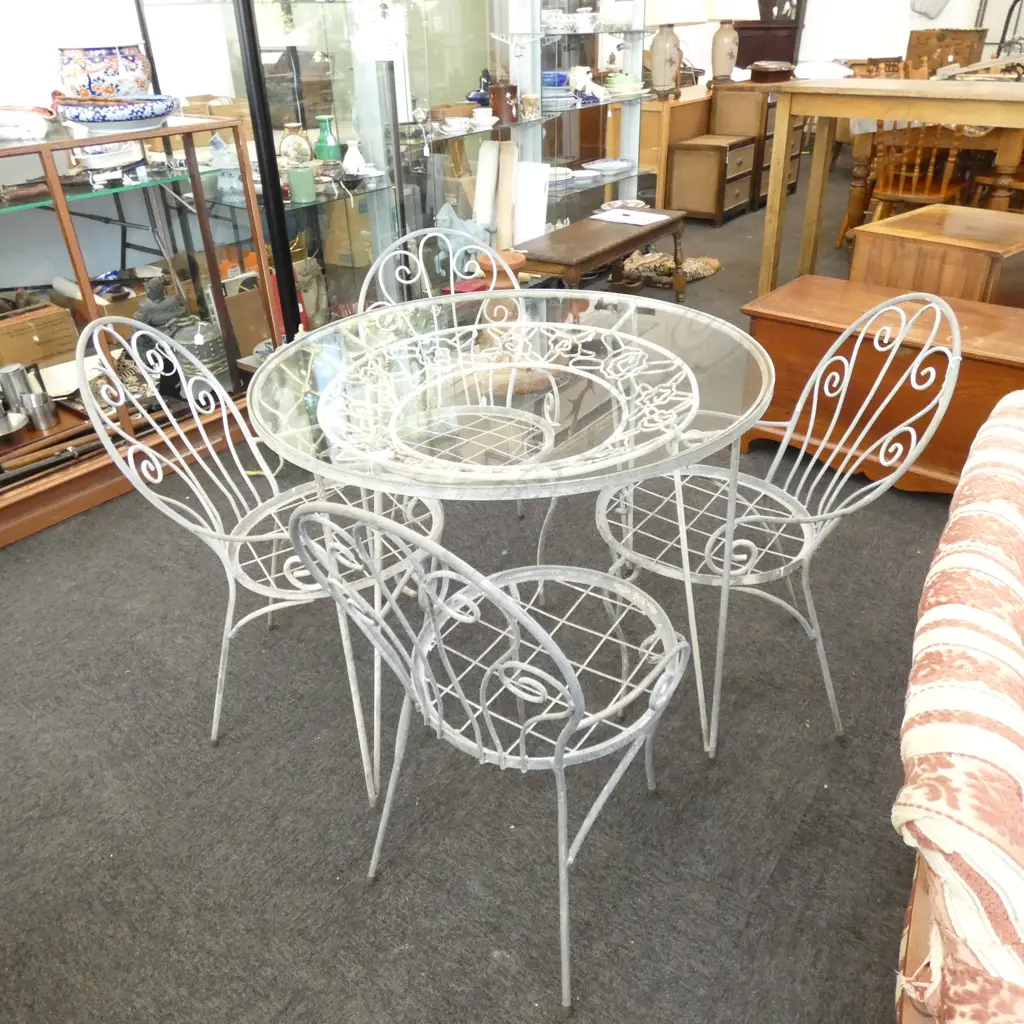 GLASS TOPPED METAL OUTDOOR TABLE 915mm dia & 4 CHAIRS Image 1++