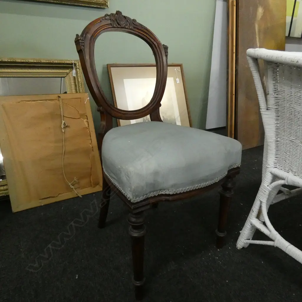 VICTORIAN BALLOON BACK CHAIR BLUE SATIN UPHOLSTERY Image 1++