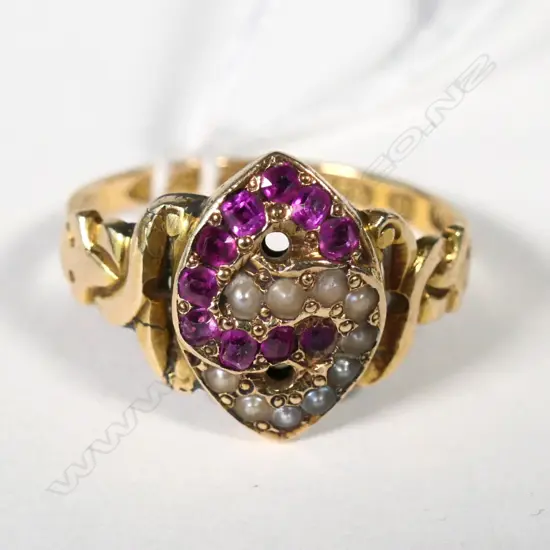 SYNTHETIC RUBIES AND PEARLS IN 15CT GOLD RING SIZE UK L