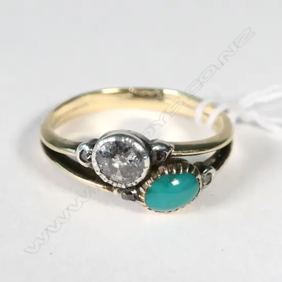 18CT TURQUIOSE AND OLD CUT DIAMOND RING SIZE UK M