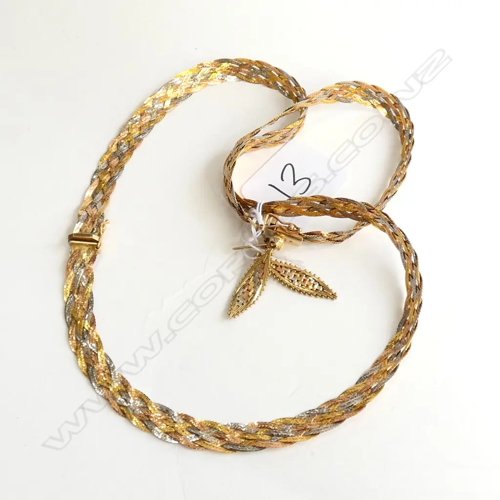 14CT FLEXI WOVEN TRICOLOUR GOLD NECKLACE, BRACELET 22GMS & 9CT EARRINGS 3.2 GMS Image 1++
