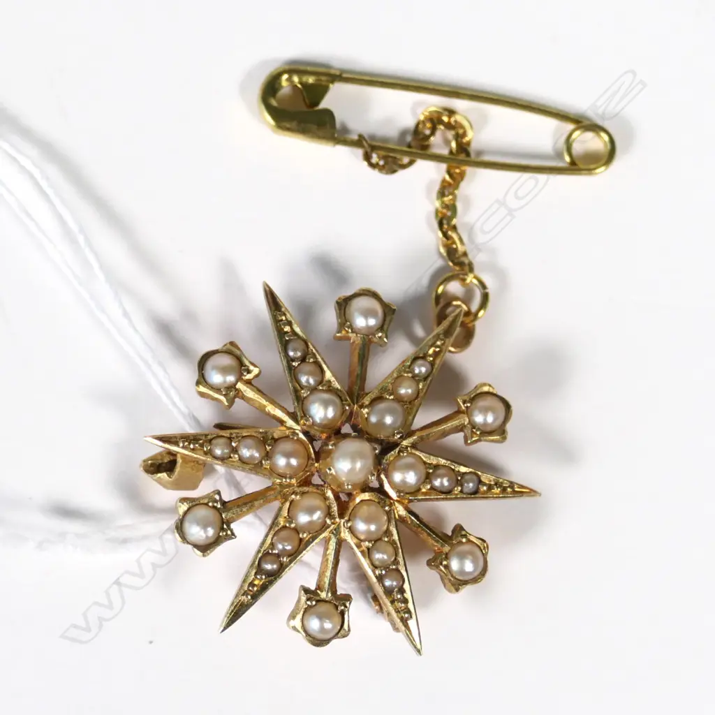 ANTIQUE 15CT GOLD & PEARL STARBURST BROOCH 4.49gm Image 1++