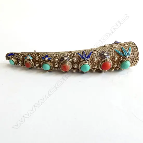 CHINESE FINGER GUARD TURNED BROOCH TURQUOSE CORAL 