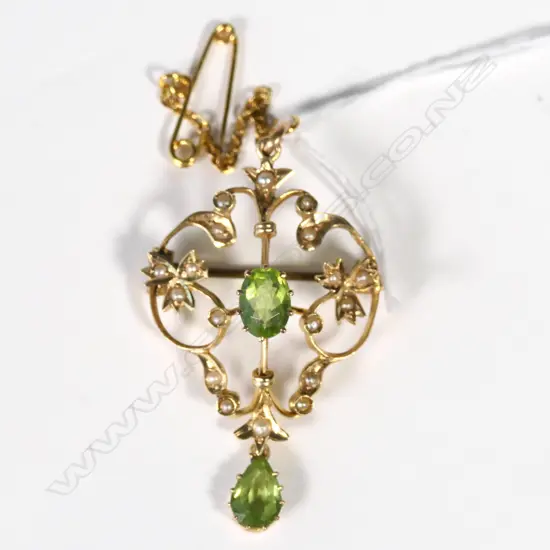 EDWARDIAN ART NOUVEAU 15CT GOLD PEARL PERIDOT PENDANT 5.24gm