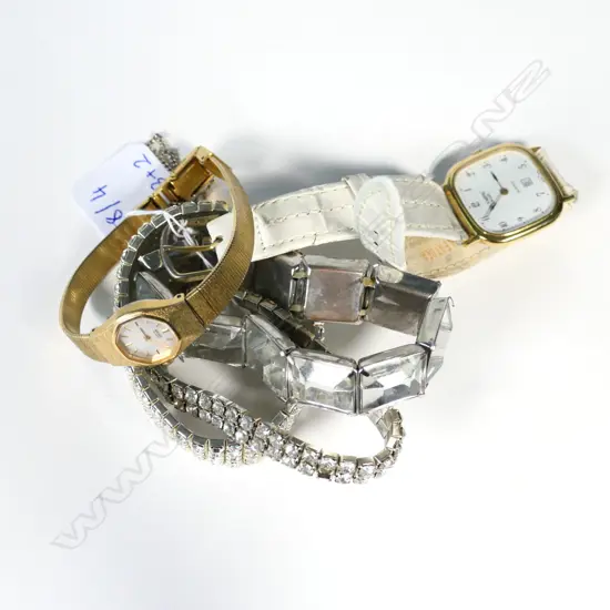 3 COSTUME DIAMANTE BRACELETS AND TWO WATCHES