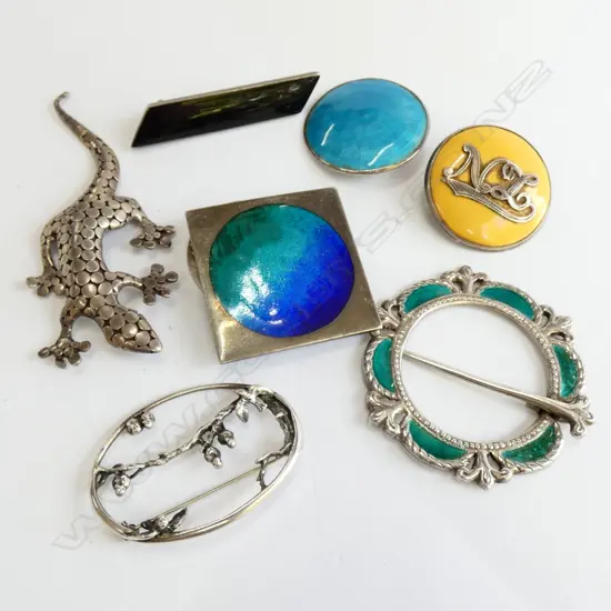 BAG OF ENAMEL & SILVER BROOCHES