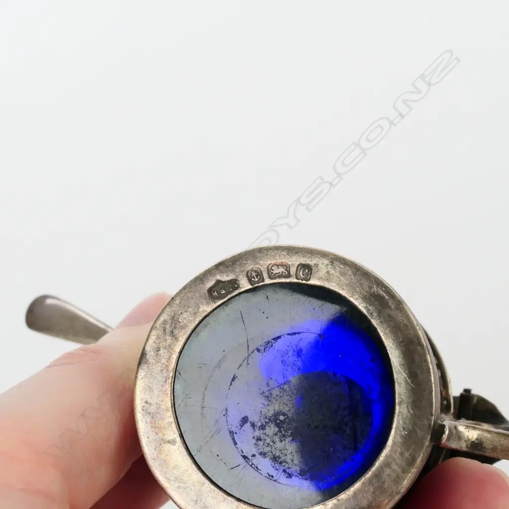 SILVER BLUE LINED MUSTARD POT & SPOON BIRMINGHAM 1902 Image 1++