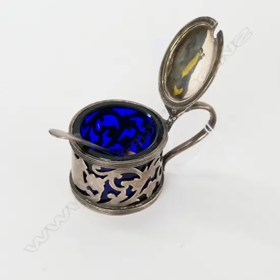 SILVER BLUE LINED MUSTARD POT & SPOON BIRMINGHAM 1902