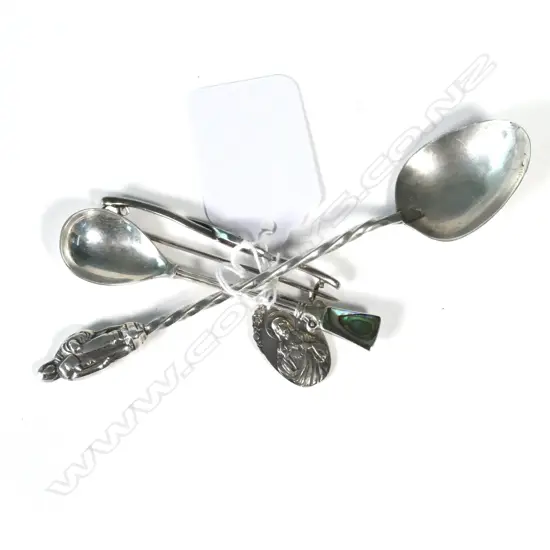 TWO STG SILVER SPOONS, STG PENDANT, BROOCH